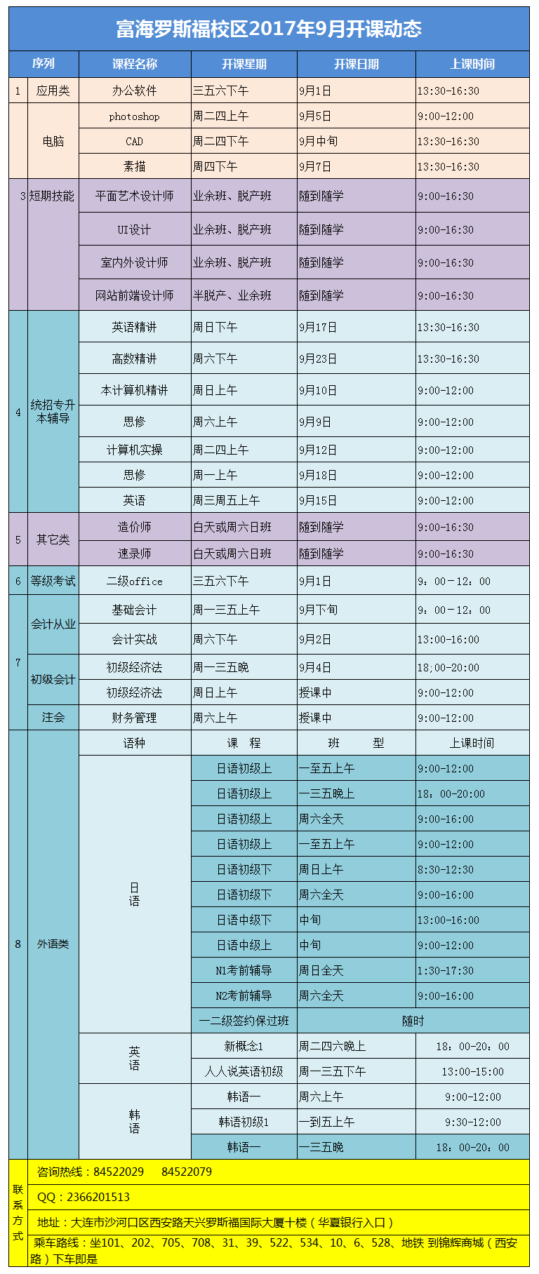 大连富海罗斯福校区9月课表