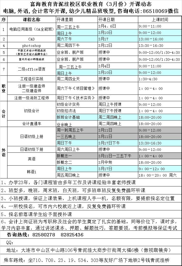 青泥洼校区·电脑外语会计课程·2019年3月最新开课动态