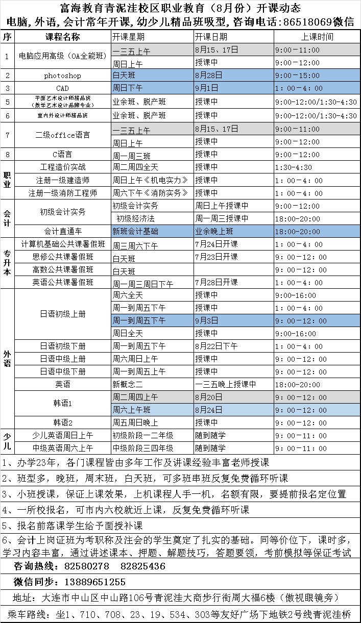 青泥洼校区·电脑外语会计课程·2019年8月最新开课动态