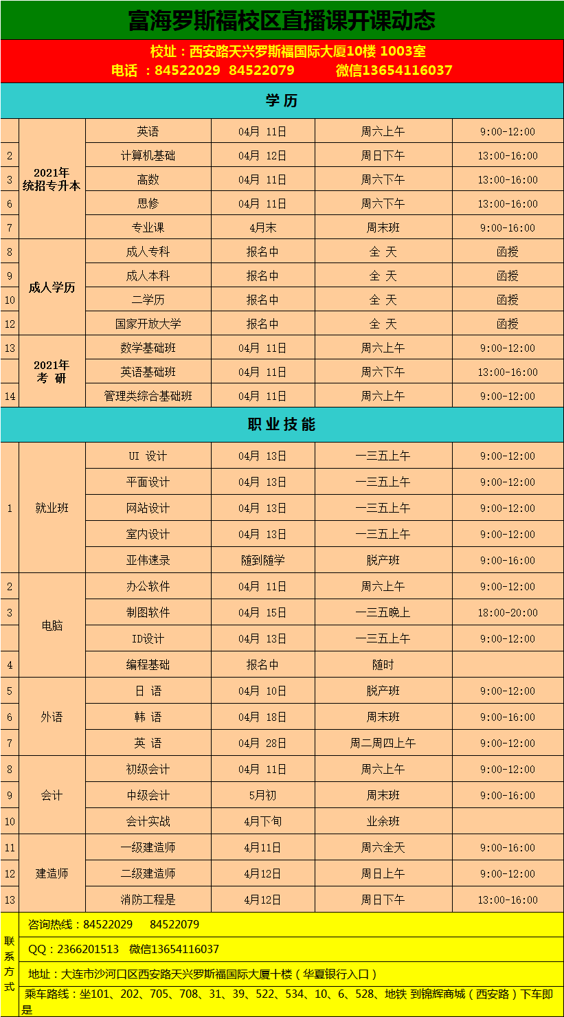 大连富海教育罗斯福2020年4月份课表